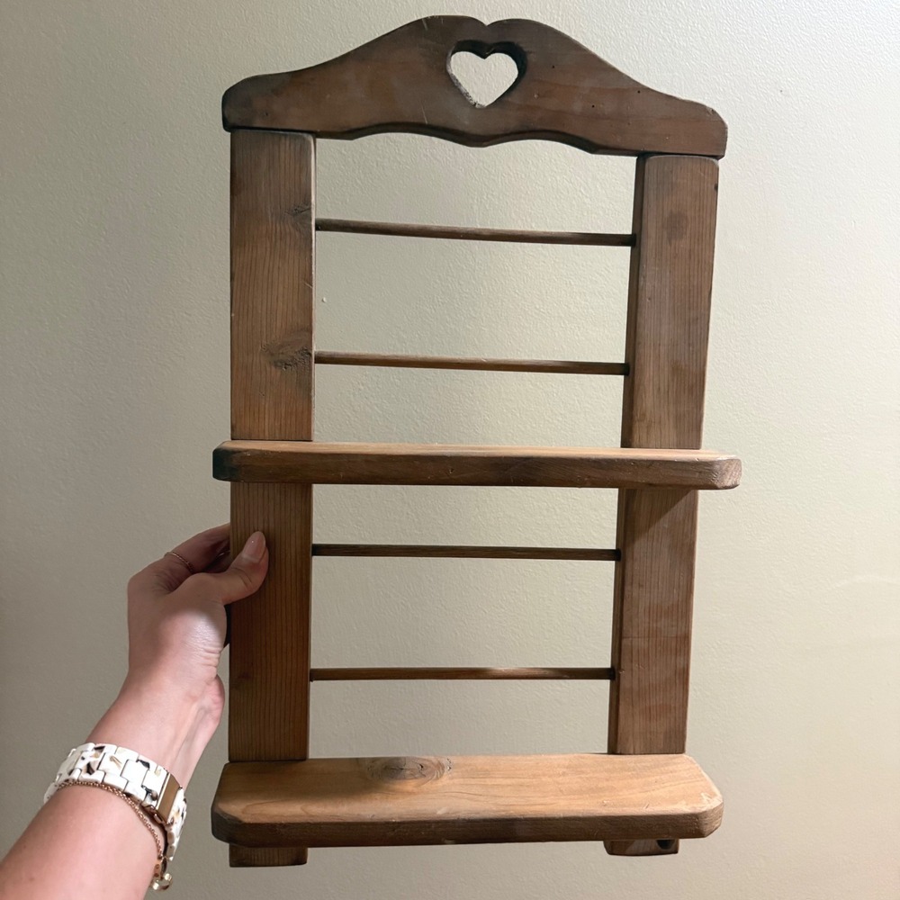 Vintage Wood Wall Shelf Heart Cutout Farmhouse Ladder Display Rack